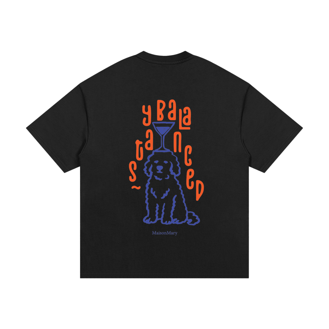 A black short-sleeve t-shirt with a graphic print on the front. The graphic features a blue outline of a dog sitting underneath orange text that reads STAYBALANCED