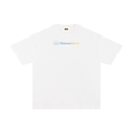 A white short-sleeve crewneck t-shirt with a small MaisonMary logo printed in blue and yellow on the center chest, displayed against a solid white background.