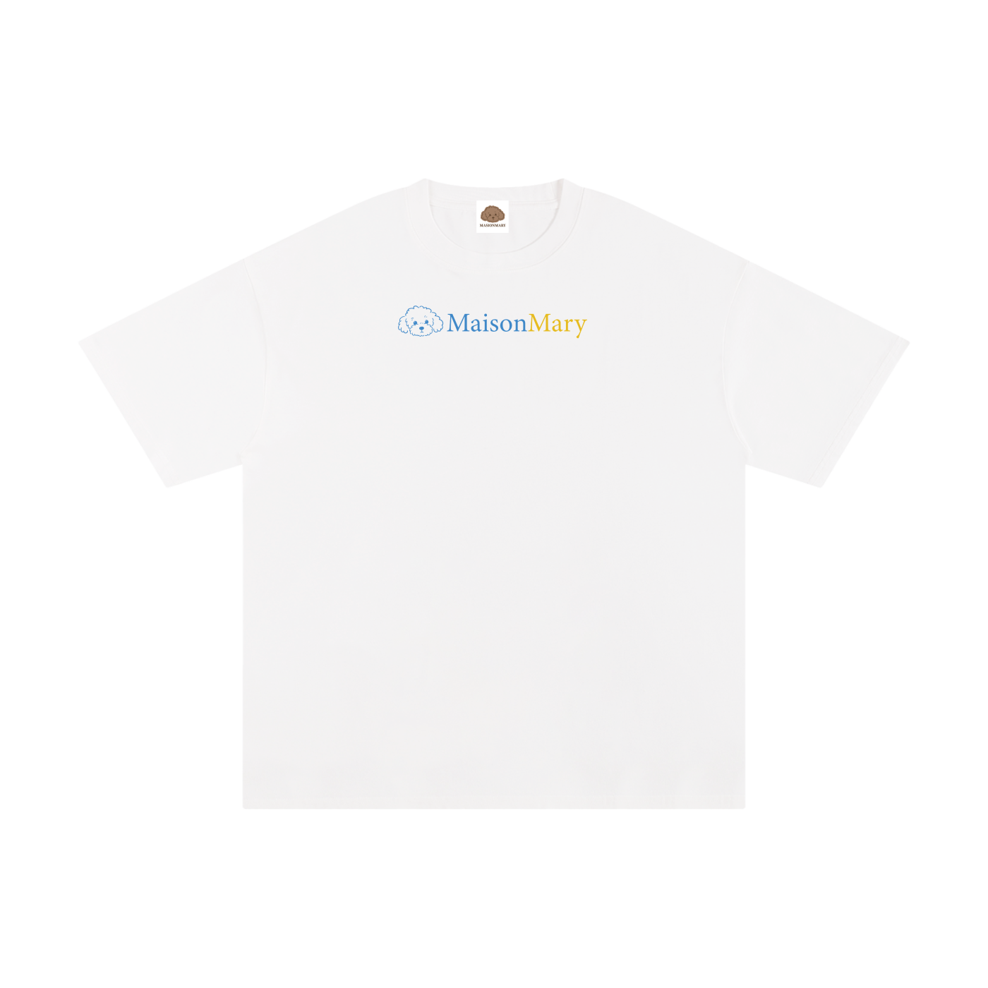A white short-sleeve crewneck t-shirt with a small MaisonMary logo printed in blue and yellow on the center chest, displayed against a solid white background.