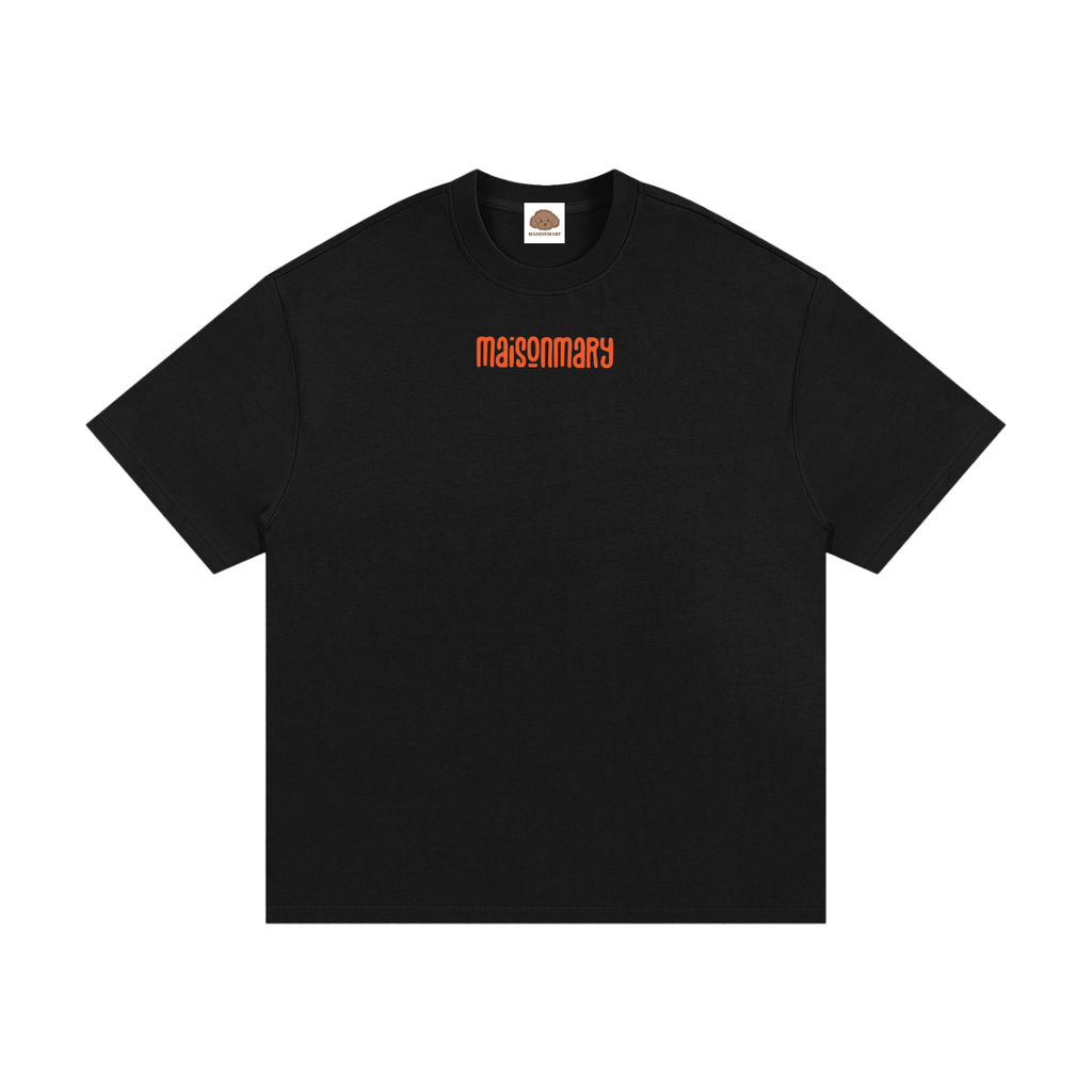 A black short-sleeve crewneck t-shirt with the word 'masonry' printed in orange across the chest, displayed flat against a solid black