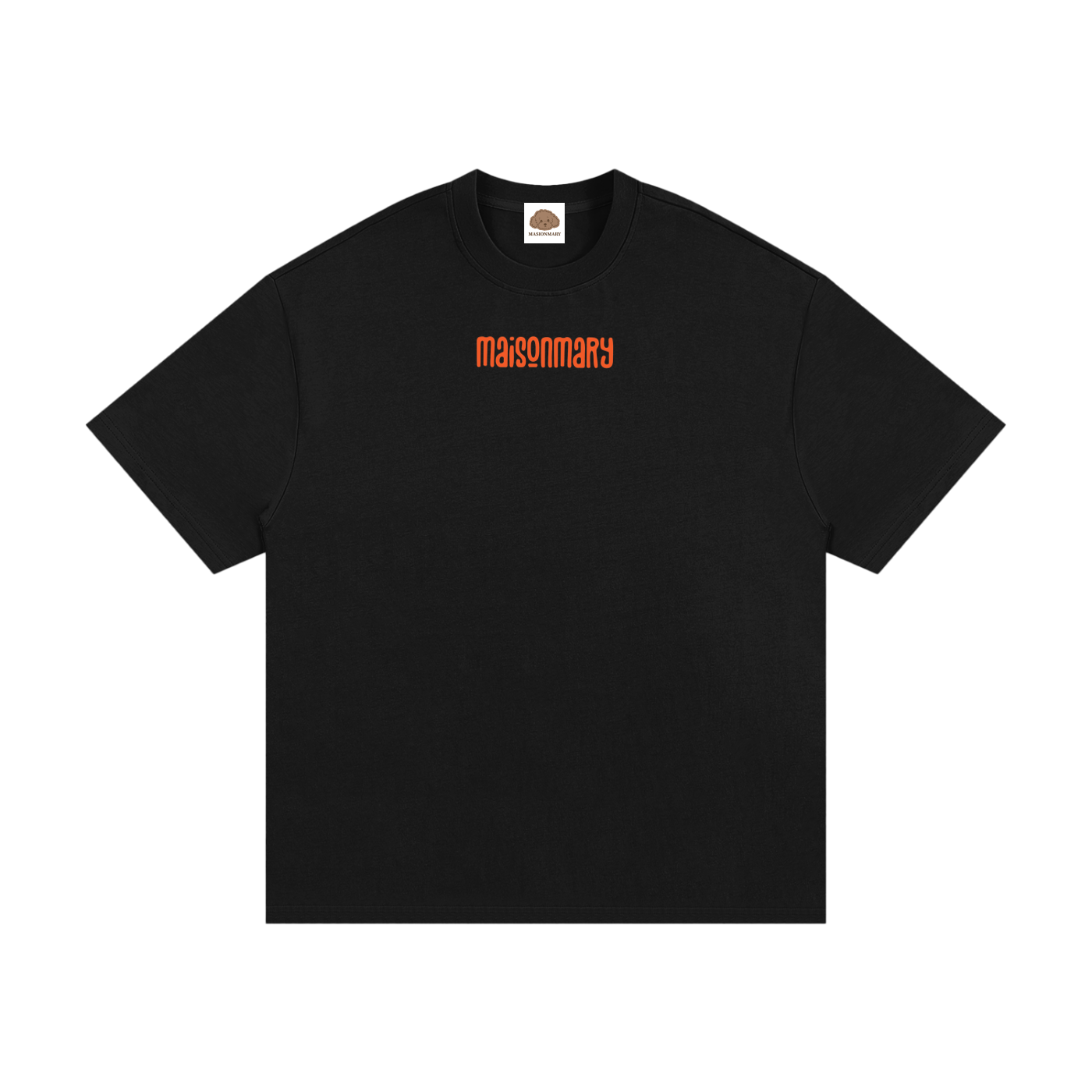 A black short-sleeve crewneck t-shirt with the word 'masonry' printed in orange across the chest, displayed flat against a solid black