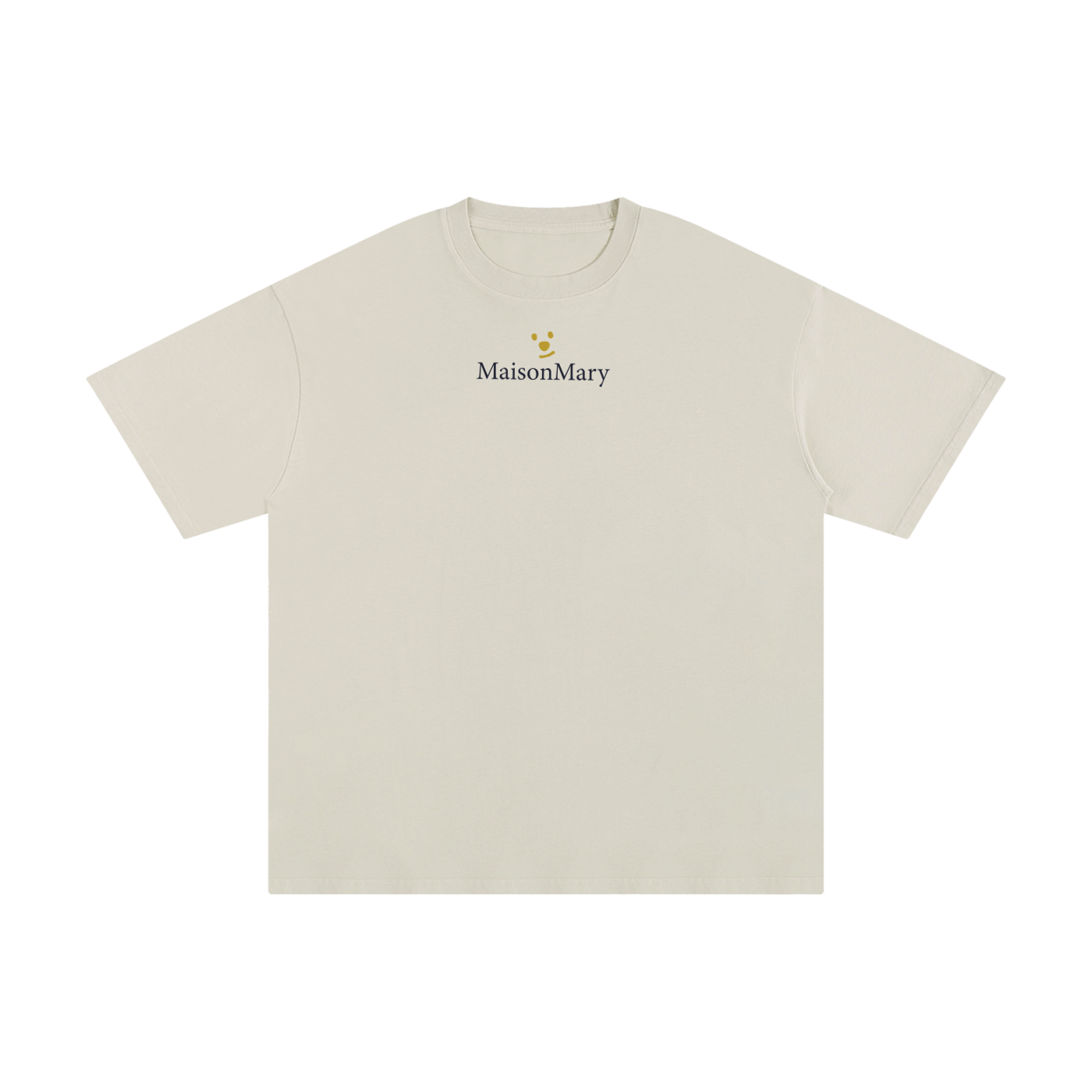 A light beige short-sleeve crewneck t-shirt with a small MaisonMary logo printed in black on the center chest, accompanied by a tiny yellow flower graphic. 