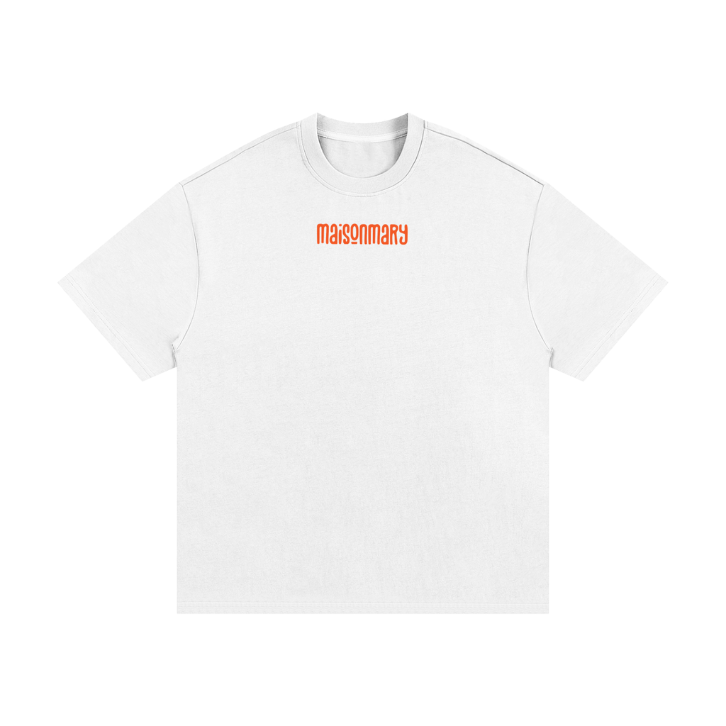 A white short-sleeve crewneck t-shirt with the word 'masonmary' printed in orange across the chest, displayed on a clean white background.