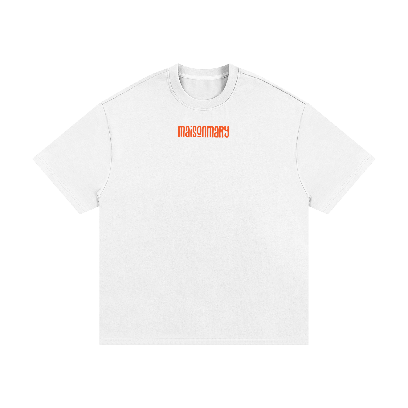 A white short-sleeve crewneck t-shirt with the word 'masonmary' printed in orange across the chest, displayed on a clean white background.