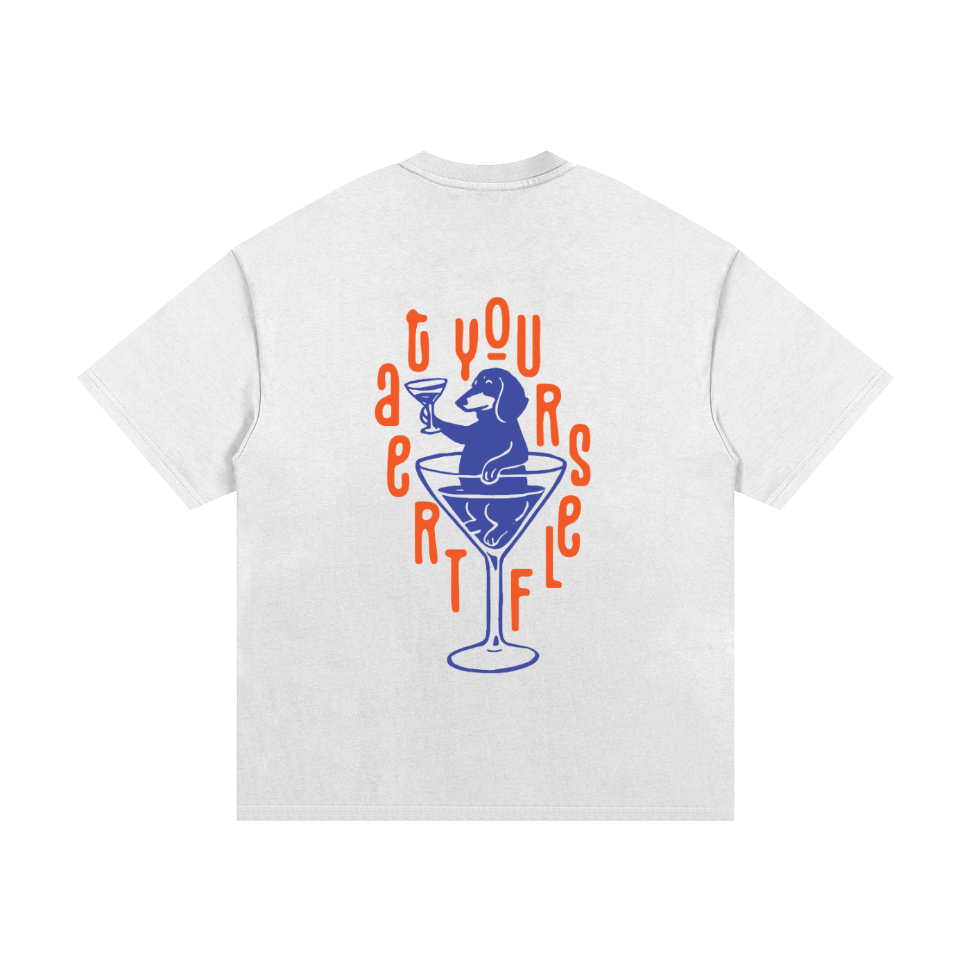 A white short-sleeve t-shirt shown from the back, featuring a graphic print of a blue dachshund sitting in a martini glass surrounded by orange text that reads TREATYOURSELF