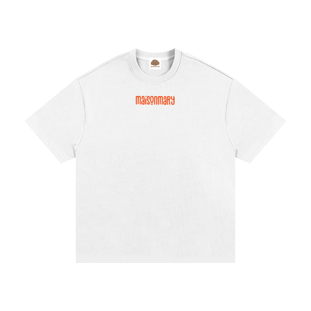 A white short-sleeve crewneck t-shirt with the word 'masonmary' printed in orange across the chest, displayed on a clean white background.