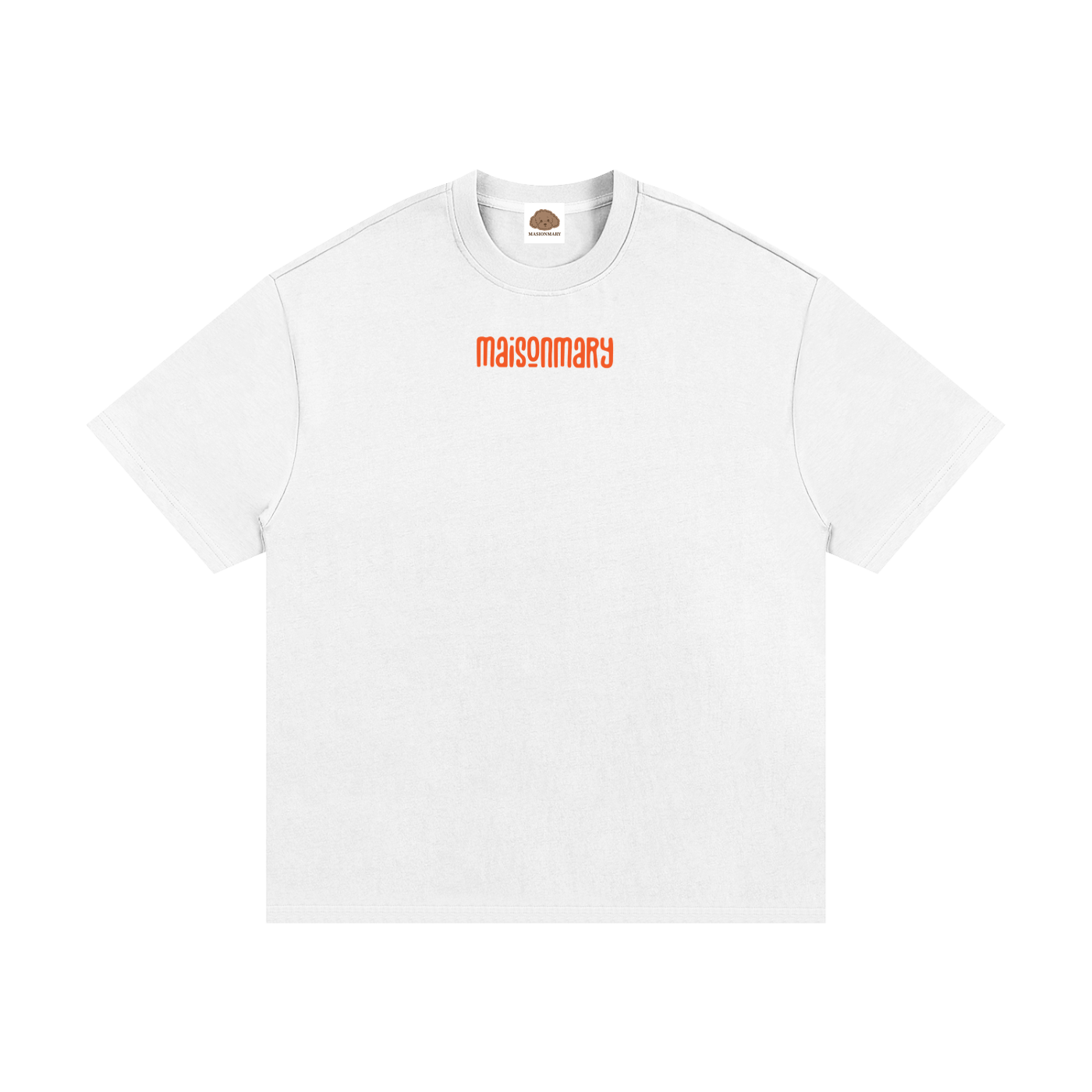 A white short-sleeve crewneck t-shirt with the word 'masonmary' printed in orange across the chest, displayed on a clean white background.