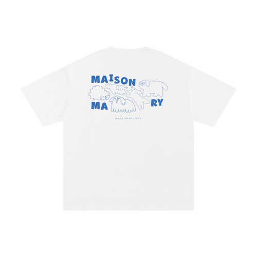 Three models shown from the back wearing white t-shirts with a blue graphic print on the back. The graphic features the text 'MAISON MAONY' and a line drawing of dogs