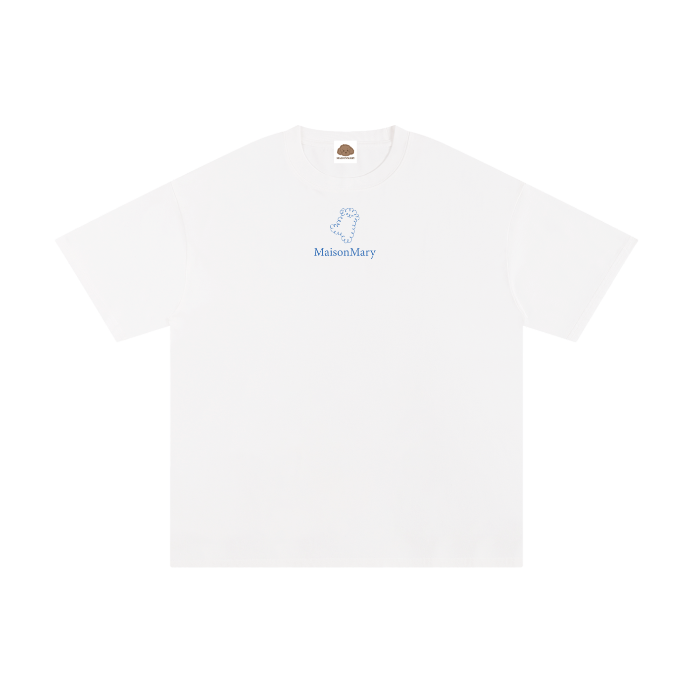 Three models shown from the back wearing white t-shirts with a blue graphic print on the back. The graphic features the text 'MAISON MAONY' and a line drawing of dogs